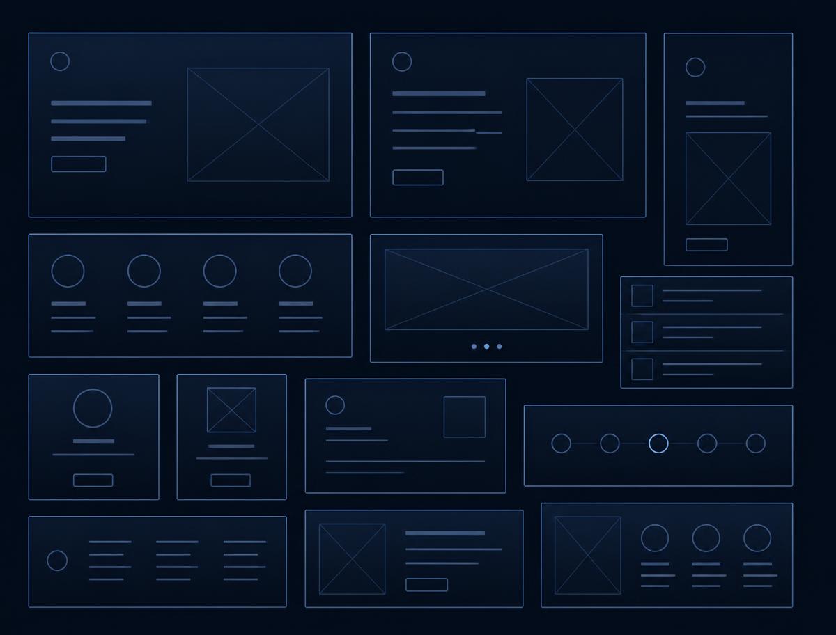 Griglia di componenti e sezioni di un sito web aziendale in fase di progettazione