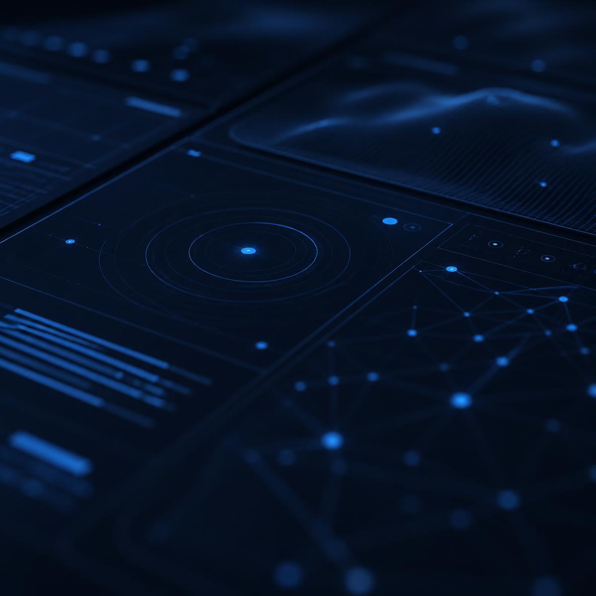Pannelli di un'interfaccia digitale su fondo blu notte